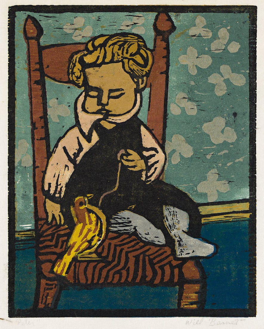 WILL BARNET (1911 - 2012) Peter on Chair.: WILL BARNET (1911 - 2012) Peter on Chair. Color woodcut on Japan paper, 1940. 289x230 mm; 11⅜x9 inches, full margins. Edition of 15. Signed and titled "Peter" in pencil, lower margin. Printed an