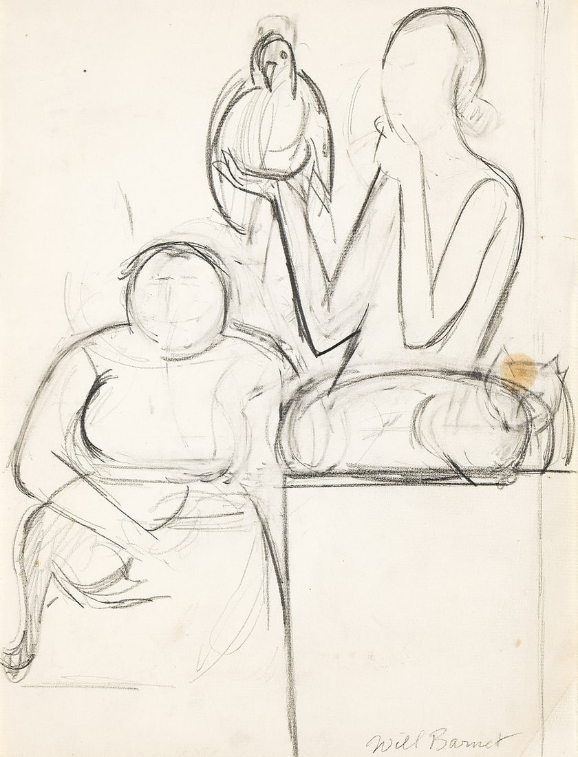WILL BARNET (1911 - 2012) Jeannette and Eva (Two Sisters).: WILL BARNET (1911 - 2012) Jeannette and Eva (Two Sisters). Charcoal and pencil on cream laid paper, circa 1965. 304x230 mm; 12x9 inches. Signed in charcoal, lower right. Provenance Estate of the artis