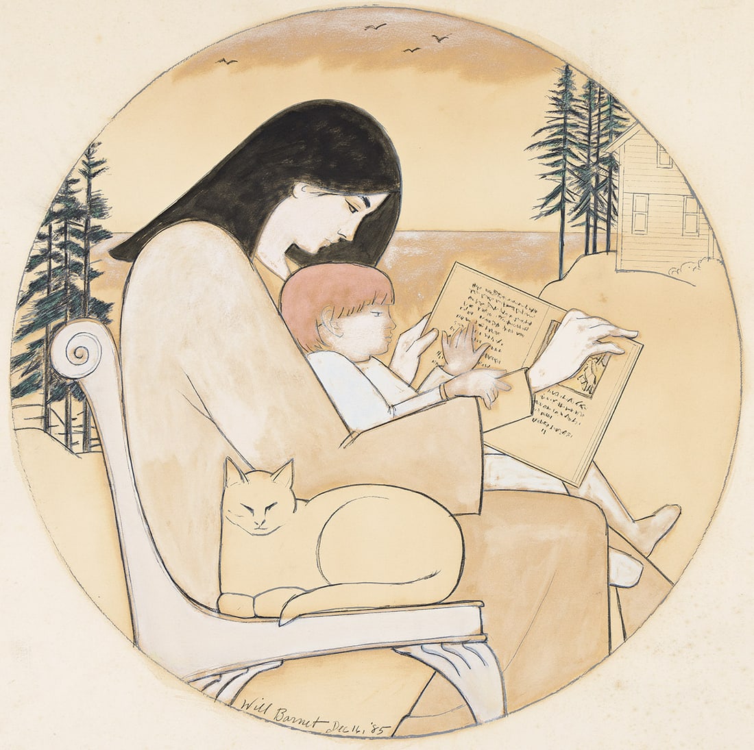 WILL BARNET (1911 - 2012) Study for "Twilight.": WILL BARNET (1911 - 2012) Study for "Twilight." Line screenprint with hand coloring in watercolor, charcoal and chalk, 1985. 610 mm; 24 inches diameter (tondo). Signed and dated in charcoal, lower cen