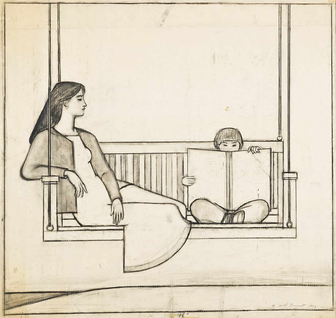WILL BARNET (1911 - 2012) Study for "Summer (The Swing).": WILL BARNET (1911 - 2012) Study for "Summer (The Swing)." Charcoal on vellum, 1986. 1225x1325 mm; 48¼x52 inches. Signed and dated lower right. Provenance Estate of the artist. A study for the sa