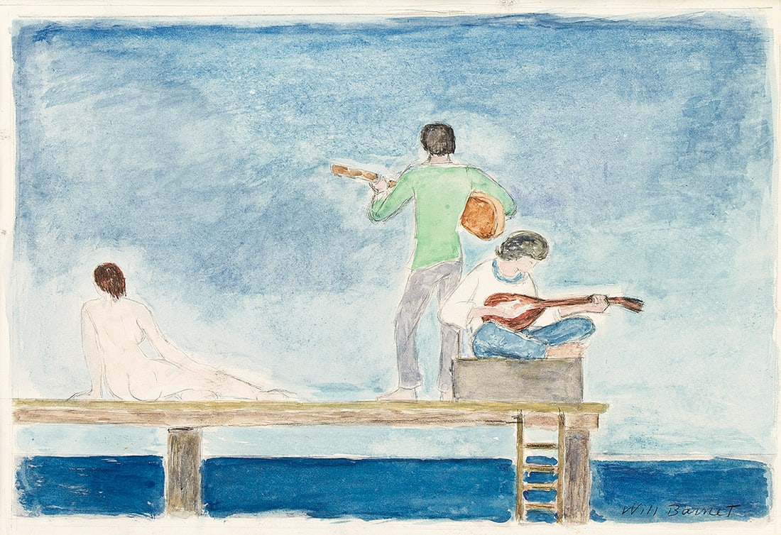 WILL BARNET (1911 - 2012) Concert on the Pier.: WILL BARNET (1911 - 2012) Concert on the Pier. Watercolor, charcoal and pencil on cream wove paper, circa 1995. 445x555 mm; 17½x21⅞ inches. Signed in charcoal, lower right. Provenance Harmo