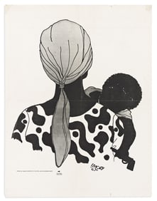 (BLACK PANTHERS.) Emory Douglas, artist. Untitled print of a mother and armed child.