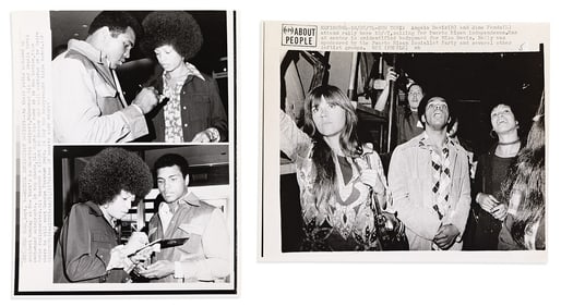 (BLACK PANTHERS.) Group of 9 press photos relating to Angela Davis, including shots with Muhammad