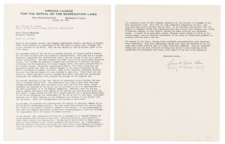 (CIVIL RIGHTS.) Leon A. Reid and Wiley A. Hall. Letter to a state rep from the Virginia League for