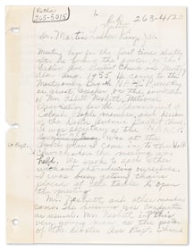 (CIVIL RIGHTS.) [Rosa Parks.] Her hand-written recollection of her first meeting with Martin Luther