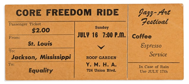 (CIVIL RIGHTS.) Ticket to a St. Louis "Jazz-Art Festival" fundraiser for the CORE Freedom Riders.
