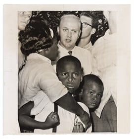 (CIVIL RIGHTS.) Photograph of a school desegregation confrontation on Long Island.