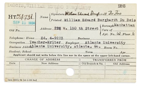 W.E.B. DU BOIS. His signed application for a New York Public Library card.