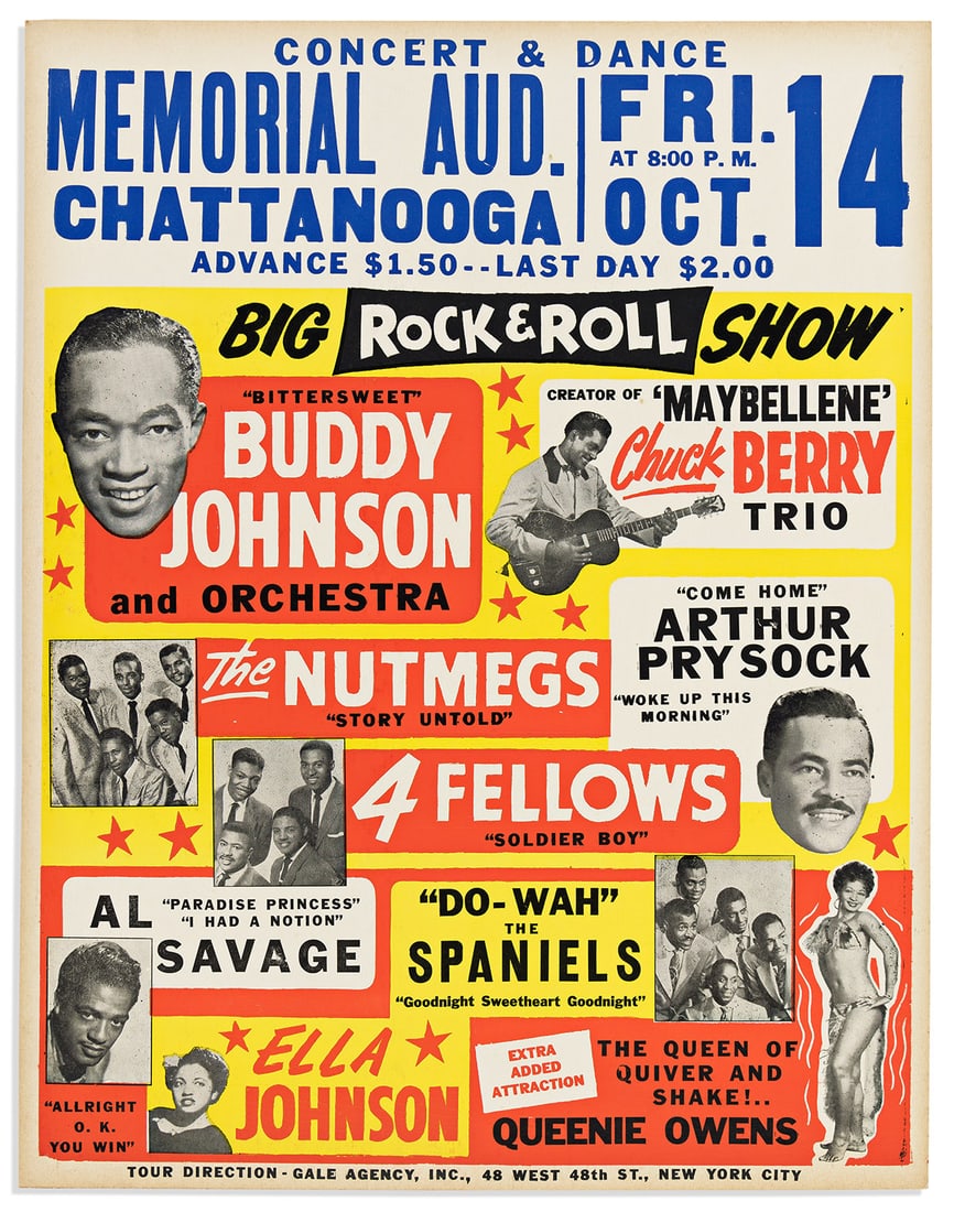 (ENTERTAINMENT--MUSIC.) Big Rock & Roll Show . . . Creator of "Maybellene," Chuck Berry Trio.: (ENTERTAINMENT--MUSIC.) Big Rock & Roll Show . . . Creator of "Maybellene," Chuck Berry Trio. Poster, 28 x 22 inches, in red, yellow and black on card stock with blue overprinting; minimal wear. Chatt