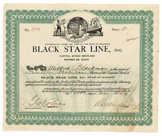 MARCUS GARVEY. Signed stock certificate for 5 shares of stock in the Black Star Line,