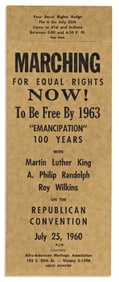 (MARTIN LUTHER KING.) "Marching for Equal Rights Now!" cardboard badge from the 1960 Republican