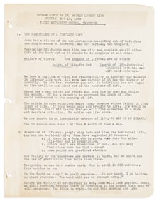(MARTIN LUTHER KING.) Typed notes on Dr. King's sermon on "The Dimensions of a Complete Life" at an