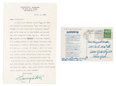 (LITERATURE.) Group of Langston Hughes ephemera, including his signed postcard and letter to pianist