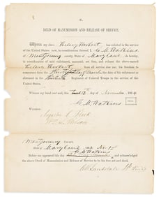 (MILITARY--CIVIL WAR.) Deed of manumission for Maryland Civil War soldier Helery Herbert.