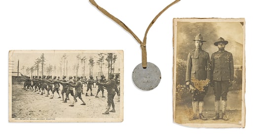 (MILITARY--WORLD WAR ONE.) Postcards, photographs, and dog tag of Private Andrew Purnell, serving in