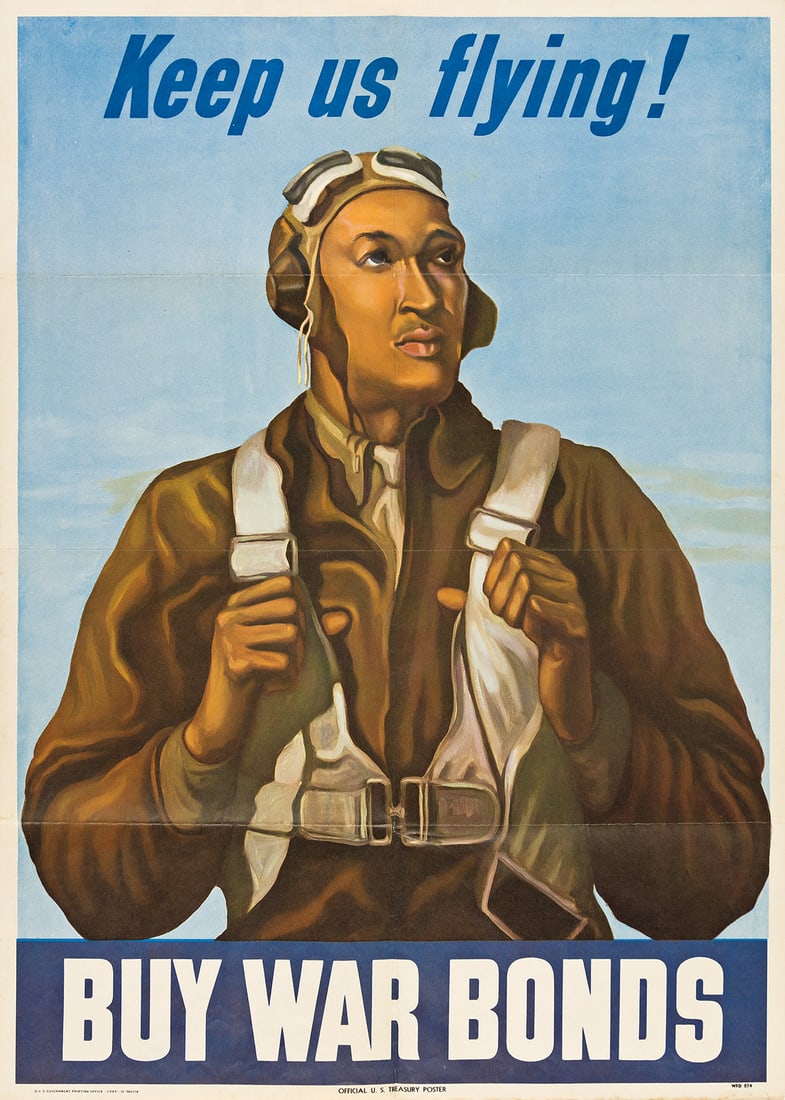 (MILITARY--WORLD WAR TWO.) Keep Us Flying! Buy War Bonds.: (MILITARY--WORLD WAR TWO.) Keep Us Flying! Buy War Bonds. Poster, 27¾ x 20 inches; folds, minimal wear, a bit of foxing on lower edge; not backed. [Washington]: Government Printing Office, 1943 T