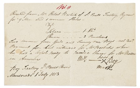 (SLAVE TRADE.) Receipt for 37 enslaved people sold to a trader in present-day Liberia for transport
