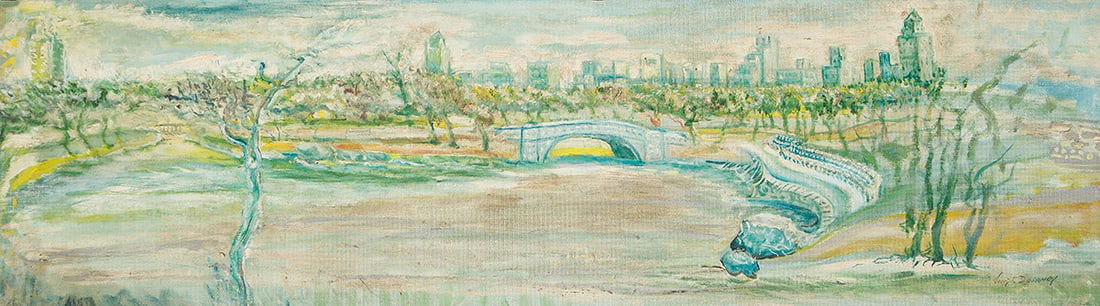 JOSEPH DELANEY (1904 - 1991) Central Park.: JOSEPH DELANEY (1904 - 1991) Central Park. Oil on masonite board, 1953. 349x1219mm; 13¾x48 inches. Signed, lower right. Provenance The estate of the artist. Private collection. Exhibited