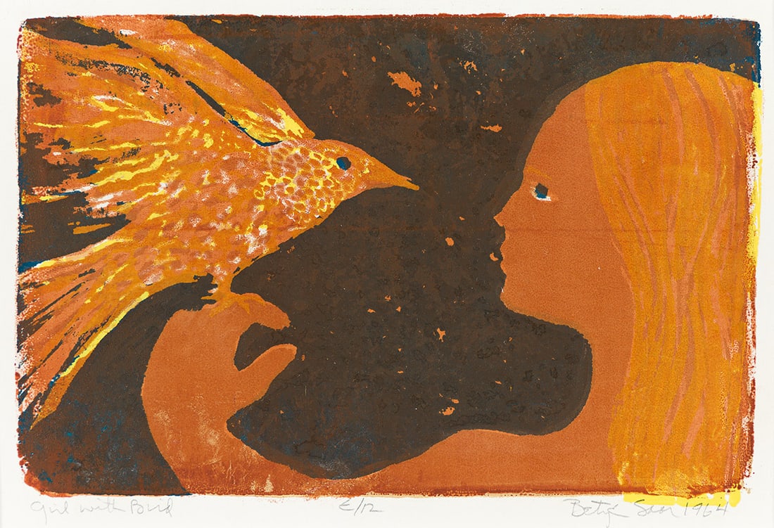 BETYE SAAR (1926 - ) Girl with Bird.: BETYE SAAR (1926 - ) Girl with Bird. Color screenprint on wove paper, 1964. 171x229 mm; 6¾x9 inches, full margins. Edition of 12. Signed, titled, dated and inscribed "E/12", in pencil lower margi
