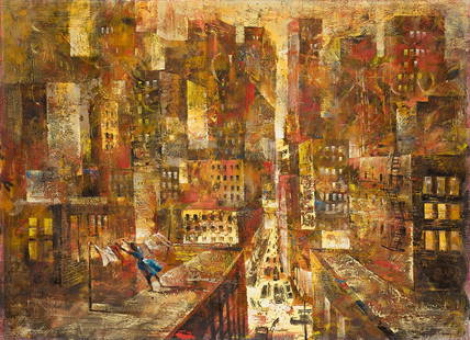 RAYMOND HOWELL (1927 - 2002) Wash Day (Cityscape).: RAYMOND HOWELL (1927 - 2002) Wash Day (Cityscape). Oil on cotton canvas, circa 1965-70. 914x1245 mm; 36x49 inches. Signed, lower left recto. Titled in pencil, upper left stretcher bar verso. Provenanc