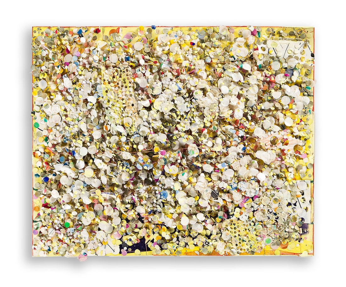 HOWARDENA PINDELL (1943 - ) Untitled #81.: HOWARDENA PINDELL (1943 - ) Untitled #81. Gouache, acrylic, various punched papers, thread and adhesive, 1976. 254x318 mm; 10x12½ inches (unframed); 362x438x64 mm; 14¼x17¼x2½ inche