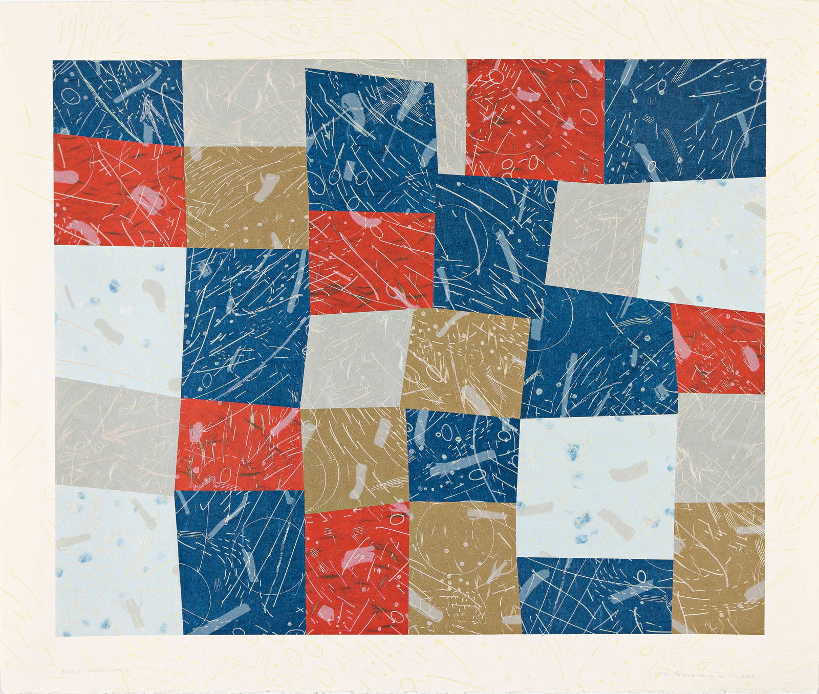 HOWARDENA PINDELL (1943 - ) Flight/Fields.: HOWARDENA PINDELL (1943 - ) Flight/Fields. Color lithograph with etching and collage, 1988-89. 495x584 mm; 19½x23 inches, full margins. Printer's proof, aside from the edition of 30. Signed, date
