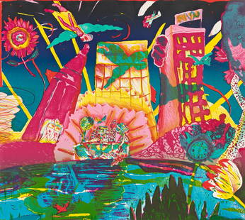 MARGO HUMPHREY (1942 - ) Hometown Blues.: MARGO HUMPHREY (1942 - ) Hometown Blues. Color lithograph on Arches paper, 1990. 451x495 mm; 17¾x19½ inches. Signed, titled, dated and numbered 25/25 in pencil, verso. Printed by Mark Attwoo