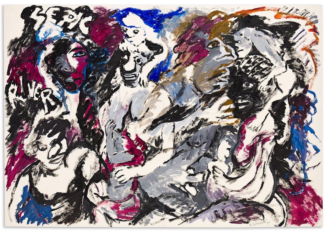 ROBERT COLESCOTT (1925 - 2009) Sepic River Stay Away from My Door III.: ROBERT COLESCOTT (1925 - 2009) Sepic River Stay Away from My Door III. Acrylic on two joined sheets of Arches paper, 1993. Assembled approximately 1041x1498 mm; 41x59 inches. Signed, titled, and dated
