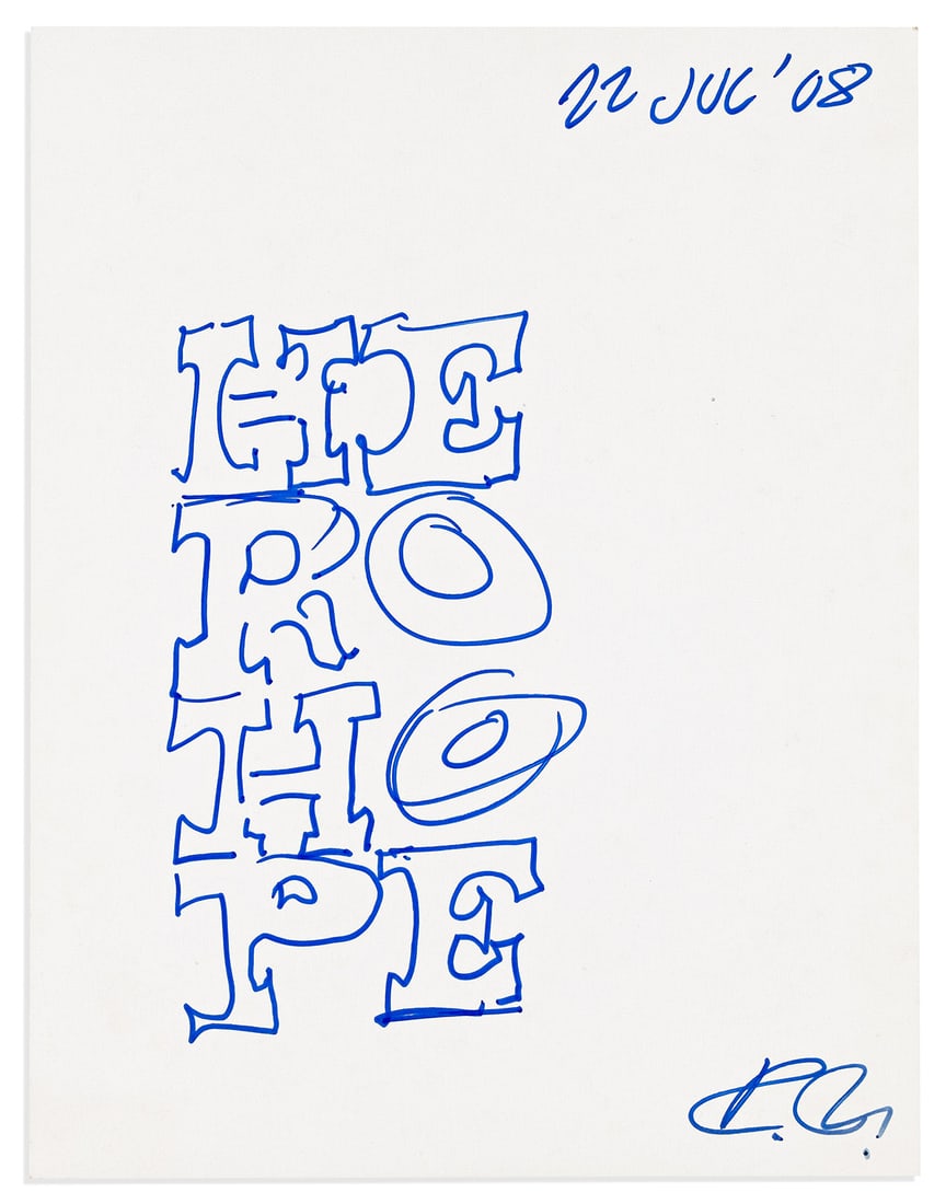 INDIANA, ROBERT. Ink drawing Signed, "RI," sketched design, showing two columns of letters (1 of 1)