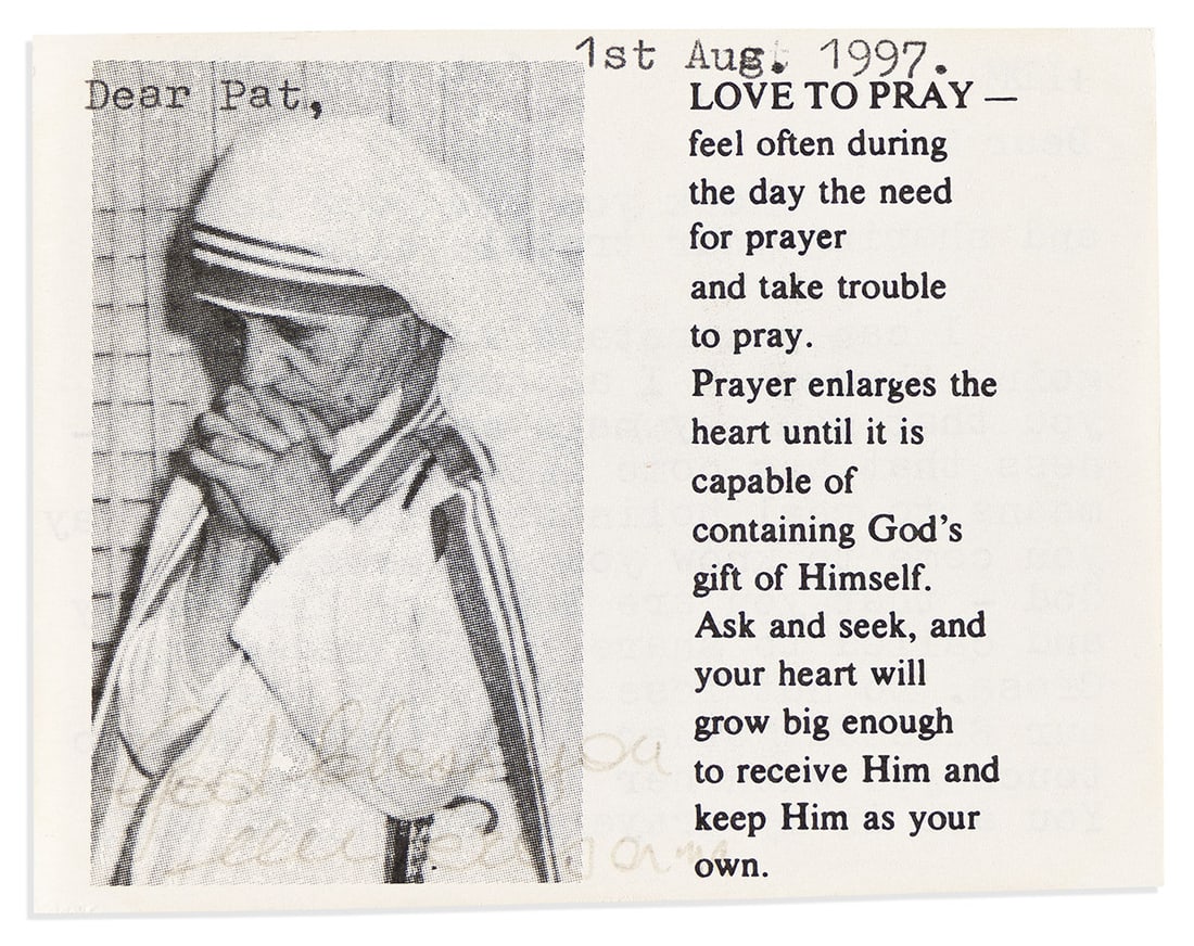 BOJAXHIU, AGNES GONXHA ("MOTHER TERESA"). Typed Letter with Photograph Signed and Inscribed (1 of 2)