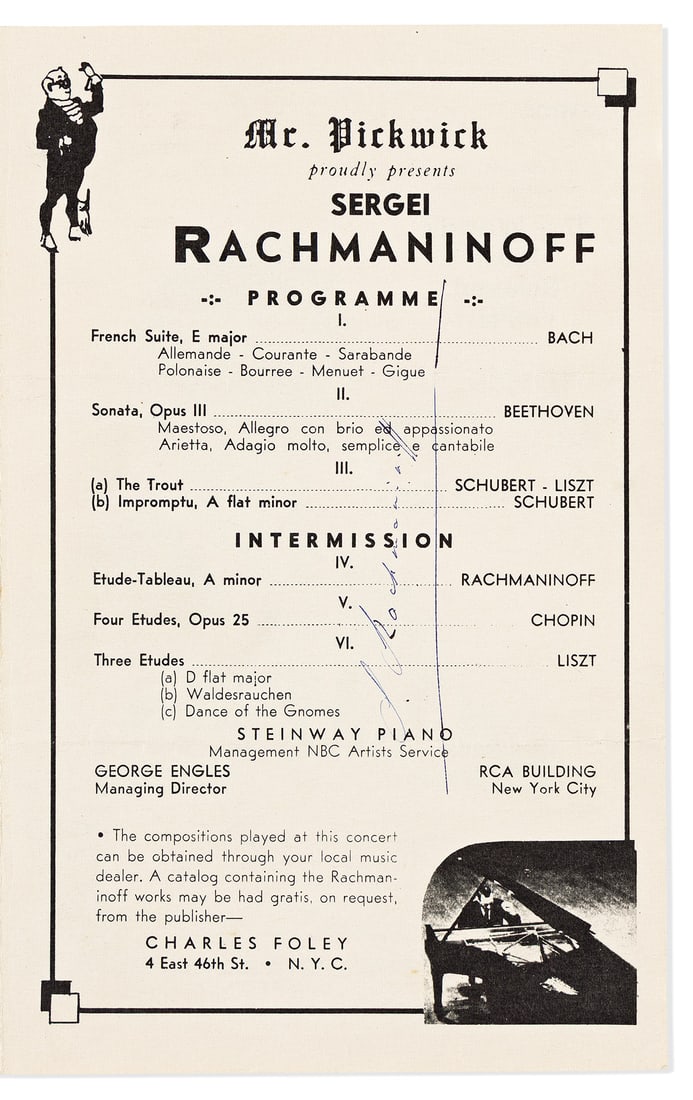 (MUSICIANS.) Group of 4 items Signed or Signed and Inscribed: Sergei Rachmaninoff * Aaron Copland (1 of 2)