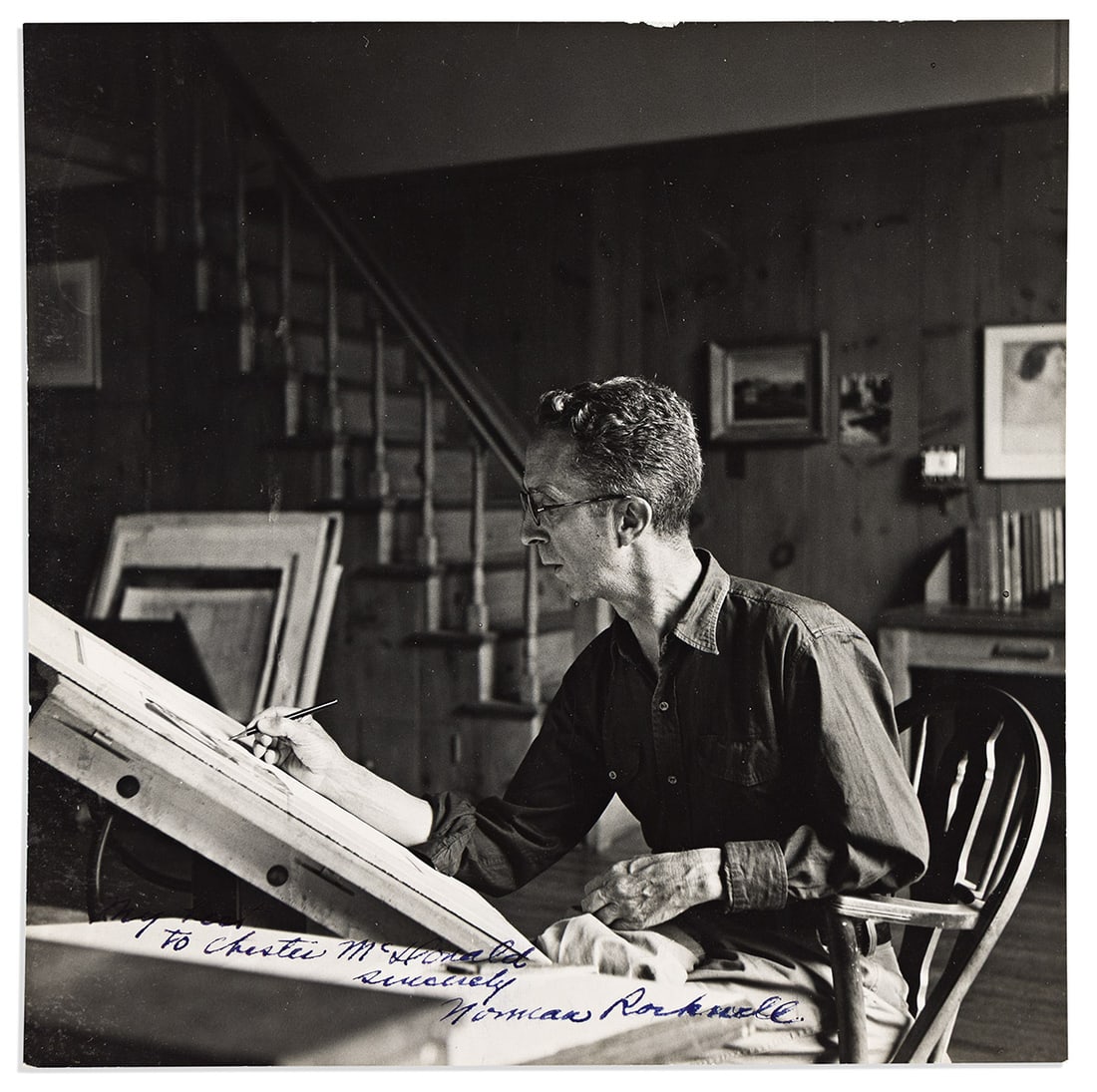 (ARTISTS.) Three items Signed, or Signed and Inscribed: Norman Rockwell * Al Capp * Maurice de Vlam: (ARTISTS.) Three items Signed, or Signed and Inscribed: Norman Rockwell * Al Capp * Maurice de Vlaminck. Rockwell. IPS, "My best / to Chester McDonald," half-lengt portrait by Louis Lamone, showing hi