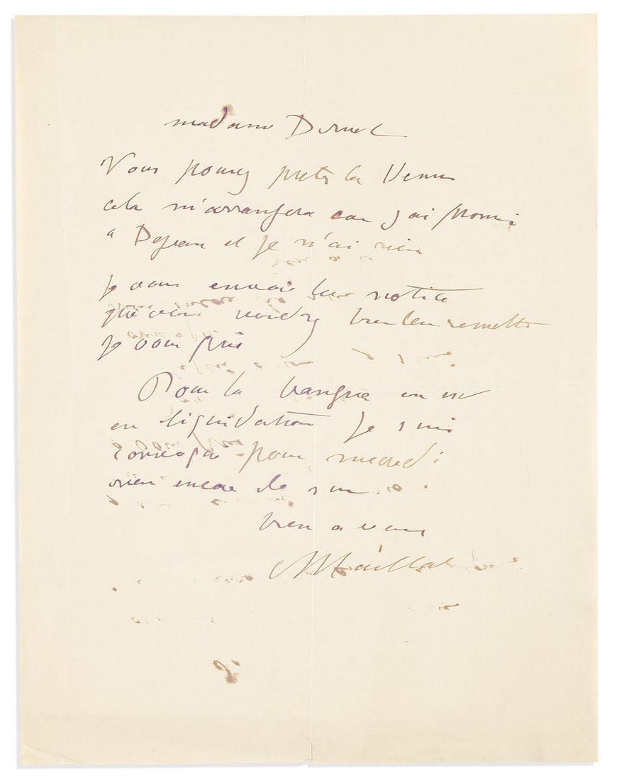 (ARTISTS.) Three Autograph Letters Signed, to various recipients, in French: Odilon Redon (2) * Aris: (ARTISTS.) Three Autograph Letters Signed, to various recipients, in French: Odilon Redon (2) * Aristide Maillol. Redon (2). Each to "Monsieur," reporting having received his works from the Hague art
