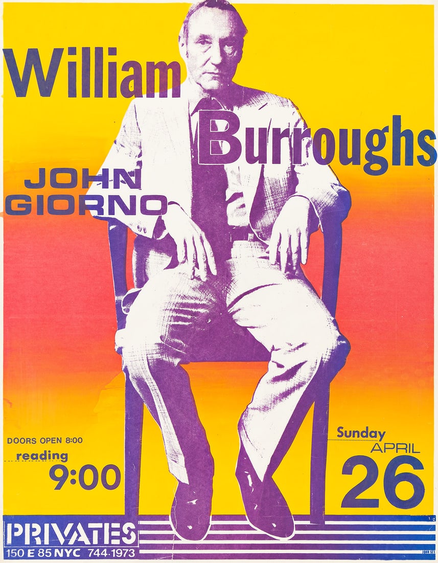 JOHN SEX (JOHN McLAUGHLIN, 1956-1990) William Burroughs / John Giorno.: JOHN SEX (JOHN McLAUGHLIN, 1956-1990) William Burroughs / John Giorno. Screenprint poster. 571x444 mm; 22½x17½ inches. 1990. Condition Questions and condition inquiries, please co