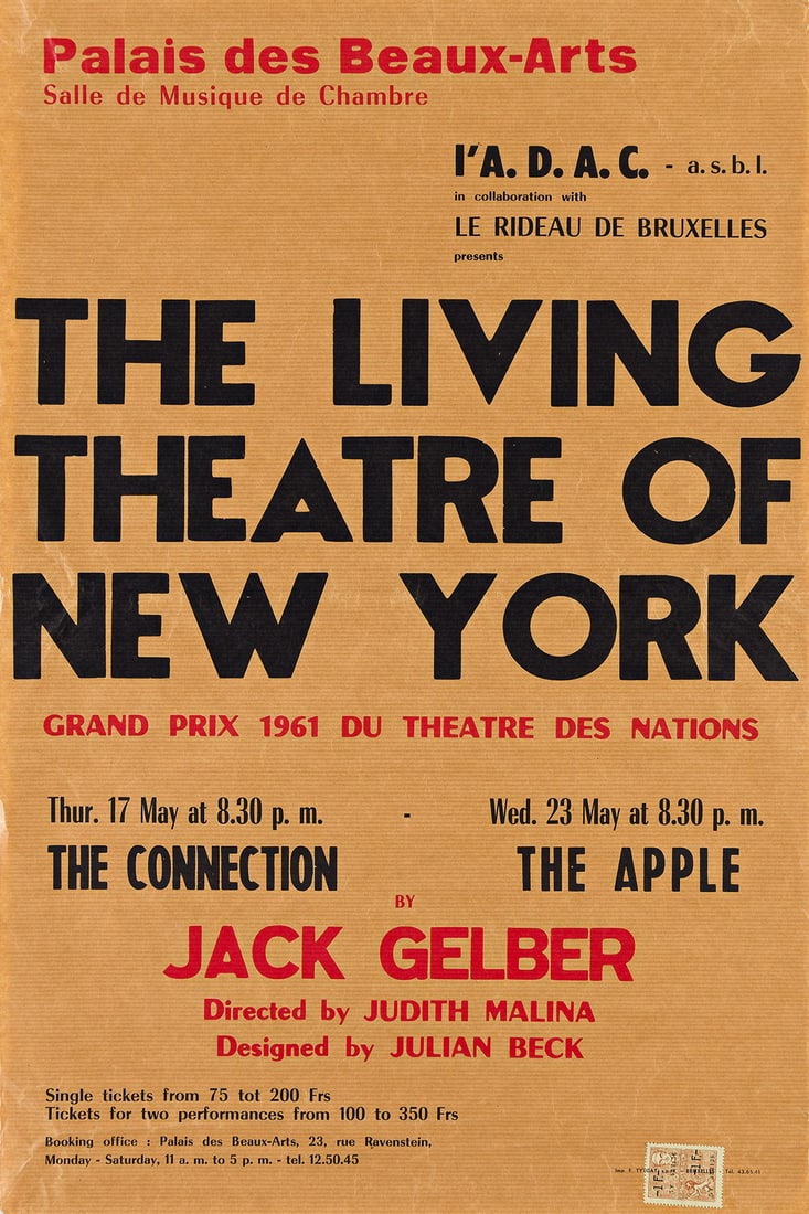 VARIOUS ARTISTS The Living Theatre / The Connection / Jack Gelber.: VARIOUS ARTISTS The Living Theatre / The Connection / Jack Gelber. Group of 4 silkscreen posters. Each approximately 620x395 mm; 23¾x15½ inches. 1959. Includes three broadsides for performan