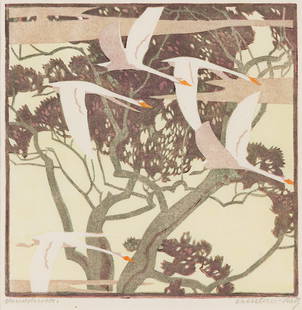 NORBERTINE BRESSLERN-ROTH (1891 - 1978) Cranes (Five Birds).: NORBERTINE BRESSLERN-ROTH (1891 - 1978) Cranes (Five Birds). Color linoleum cut on thin Japan paper. 220x218 mm; 8¾x8⅝ inches, wide margins. Signed and inscribed "Handdruck" in pencil, lowe
