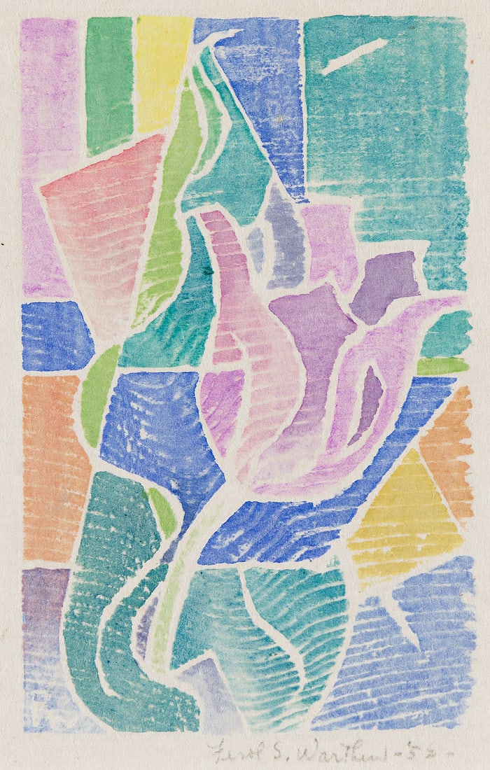 FEROL SIBLEY WARTHEN (1890 - 1986) Untitled (Tulips, Abstract with Flowers).: FEROL SIBLEY WARTHEN (1890 - 1986) Untitled (Tulips, Abstract with Flowers). Woodcut, 1952. 126x80mm; 5x3⅛ inches, wide margins. Signed and dated in pencil, lower margin.