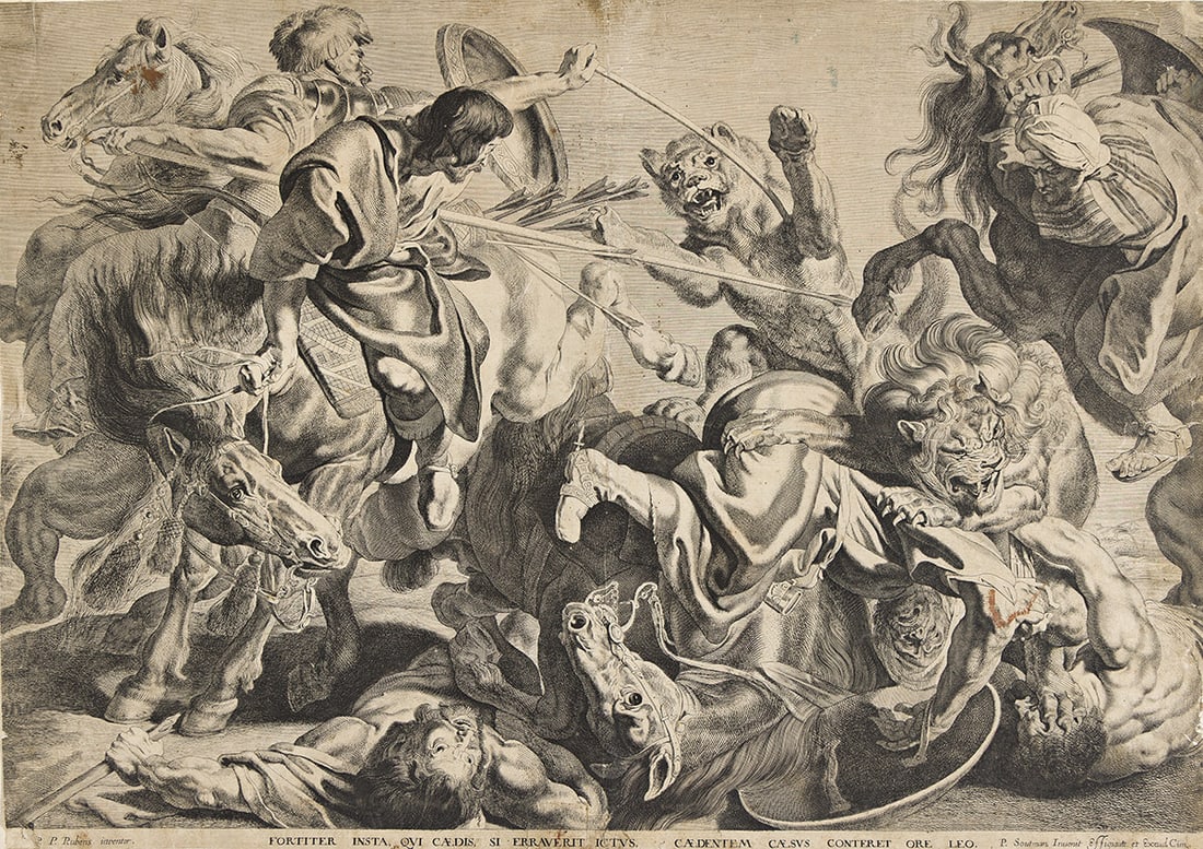 PIETER CLAESZ SOUTMAN (1580-1657) AFTER RUBENS Two engravings.: PIETER CLAESZ SOUTMAN (1580-1657) AFTER RUBENS Two engravings. Lion Hunting. First state (of 4). 456x647 mm; 17¾x25⅛ inches. Trimmed on the plate mark * Wild Boar Hunting. 465x635 mm; 18