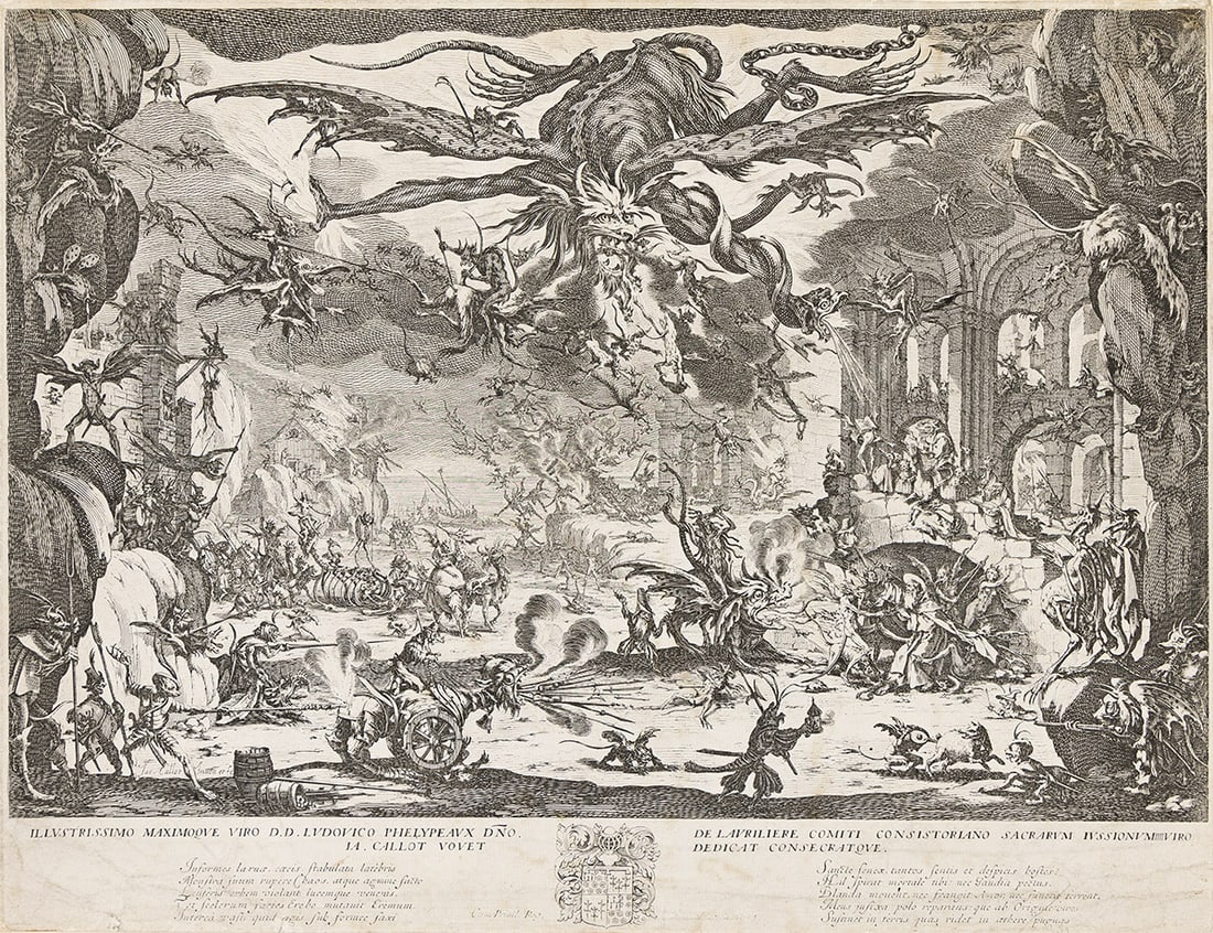 JACQUES CALLOT (1592 - 1635) La Tentation de Saint-Antoine.: JACQUES CALLOT (1592 - 1635) La Tentation de Saint-Antoine. Etching, 1635. 358x460 mm; 14¼x18⅛ inches, small margins. Third state (of 5). Lieure 1416. According to the Art Institute of Chic