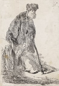 REMBRANDT VAN RIJN (1606 - 1669) Man in Coat and Fur Cap Leaning against a Bank.