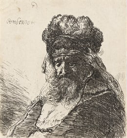 REMBRANDT VAN RIJN (1606 - 1669) Old Bearded Man in a High Fur Cap, with Eyes Closed.