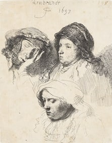 REMBRANDT VAN RIJN (1606 - 1669) Three Heads of Women, One Asleep.