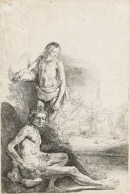 REMBRANDT VAN RIJN (1606 - 1669) Nude Man Seated and Another Standing with a Woman and a Baby.