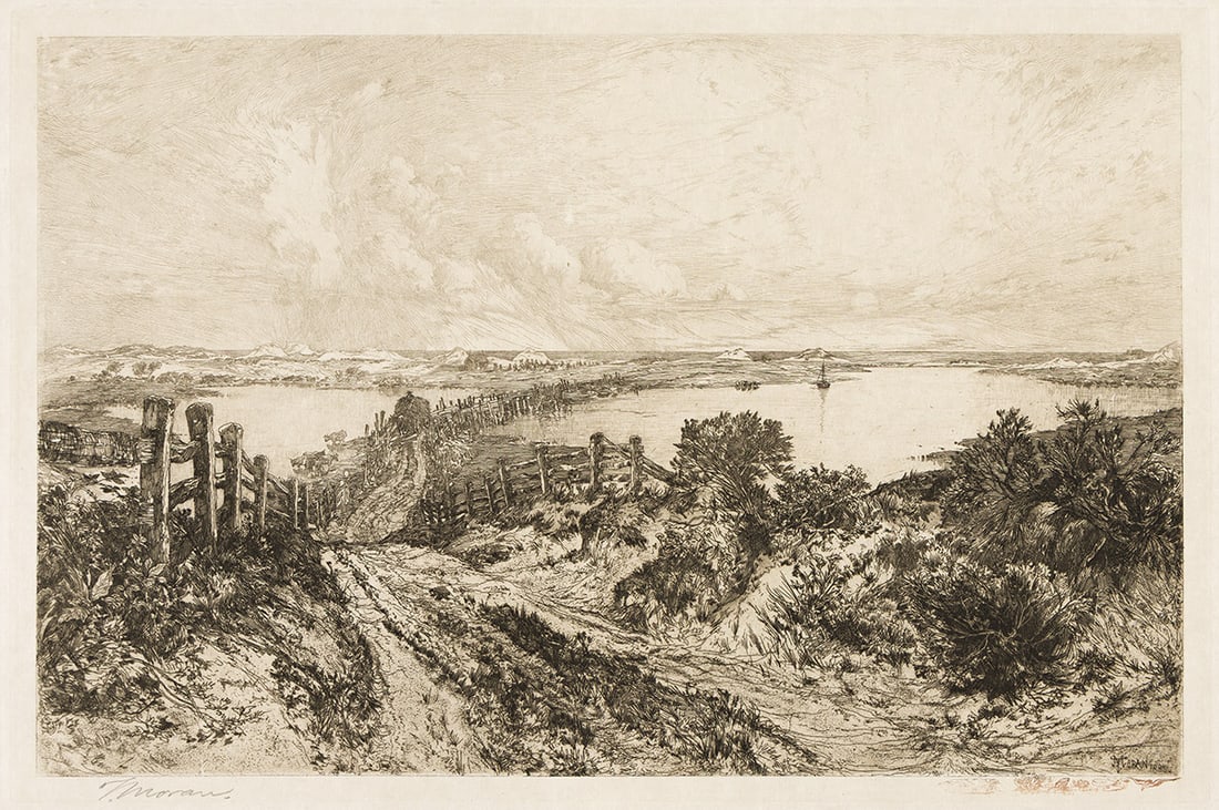 THOMAS MORAN (1837 - 1926) Morning.: THOMAS MORAN (1837 - 1926) Morning. Etching, 1886. 302x453 mm; 11⅞x17⅞ inches, wide margins. Edition of approximately 100. Signed in pencil, lower left. With the lily pad remarqué in