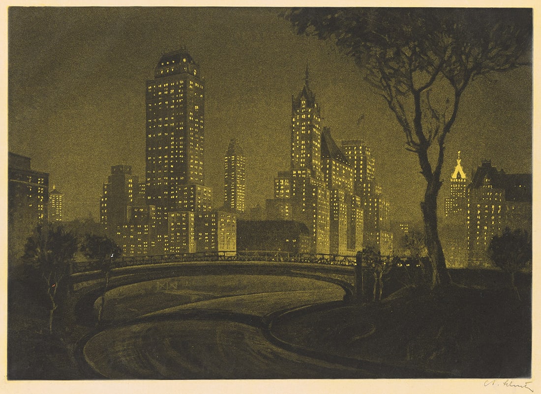 ANTON SCHUTZ (1894 - 1977) Plaza Lights.: ANTON SCHUTZ (1894 - 1977) Plaza Lights. Aquatint on hand-tinted yellow Japan paper, circa 1929. 251x353 mm; 9⅞x13⅞ inches, full margins. One of only a few impressions printed by the artis