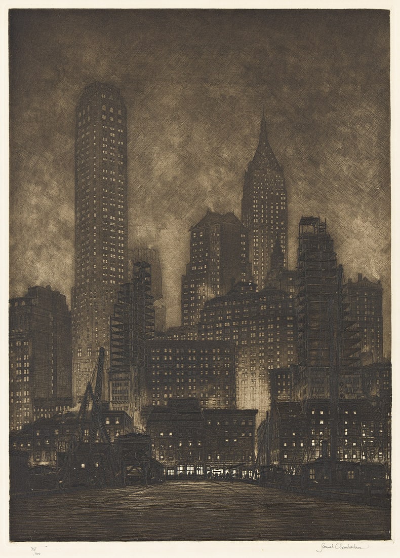 SAMUEL CHAMBERLAIN (1895 - 1975) Manhattan Twilight.: SAMUEL CHAMBERLAIN (1895 - 1975) Manhattan Twilight. Etching and drypoint, 1932. 330x246 mm; 13x9½ inches, full margins. Signed, titled, and numbered 75/100 in pencil, lower margin.