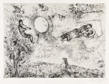 MARC CHAGALL (1887 - 1985) Les Amoureux dans le ciel à St-Paul.