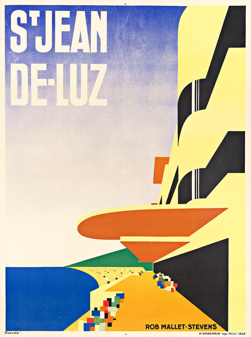 ROBERT MALLET-STEVENS (1886-1945) ST JEAN DE - LUZ. 1928.: ROBERT MALLET-STEVENS (1886-1945) ST JEAN DE - LUZ. 1928. 62¼x46½ inches, 115x118 cm. H. Chachoin, Paris. Condition A-: expertly-repaired tears at edges, some slightly into image; minor crea
