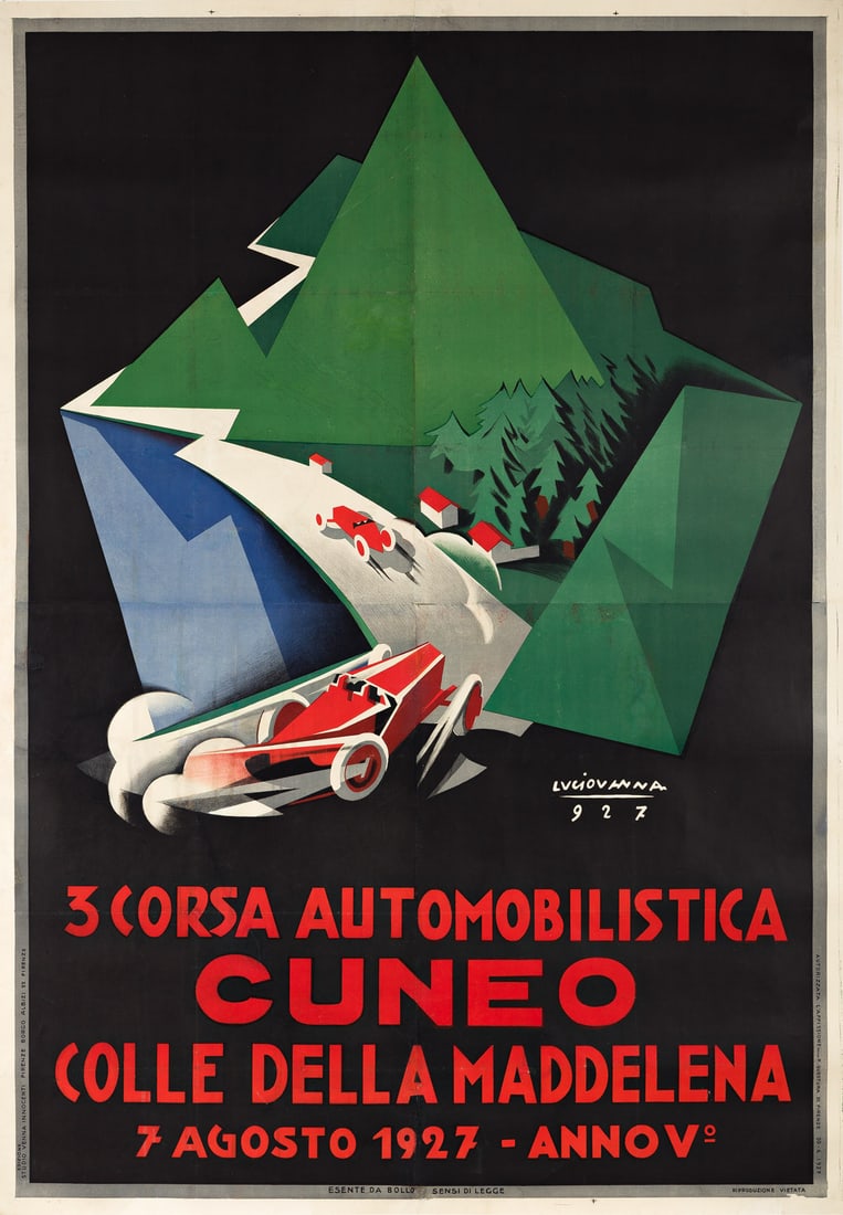 LUCIO VENNA (GIUSEPPE LANDSMANN, 1897-1974) 3 CORSA AUTOMOBILISTICA CUNEO. 1927.: LUCIO VENNA (GIUSEPPE LANDSMANN, 1897-1974) 3 CORSA AUTOMOBILISTICA CUNEO. 1927. 76½x53 inches, 194¼x134½ cm. Edizione Studio Venna Innocenti, Florence. Condition B: replaced losses and