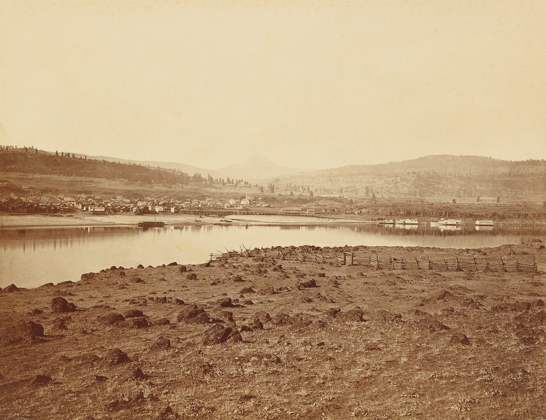 CARLETON E. WATKINS (1829-1916) The Dalles, Oregon, from Rockland, Washington Territory. 1867.: CARLETON E. WATKINS (1829-1916) The Dalles, Oregon, from Rockland, Washington Territory. 1867. Mammoth albumen print, the image measuring 15¾x20⅝ inches (40x52.4 cm.), the mount 20⅞x2